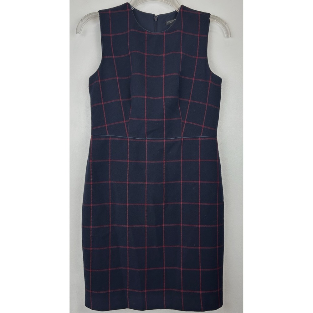 Ann Taylor Shift Dress Women 2 Petite Navy Red Plaid Career Office Professional